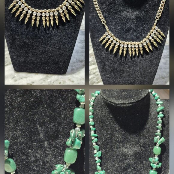 Pair costume Necklaces ~  Green stone & Gold daggers [2] - Picture 1 of 5
